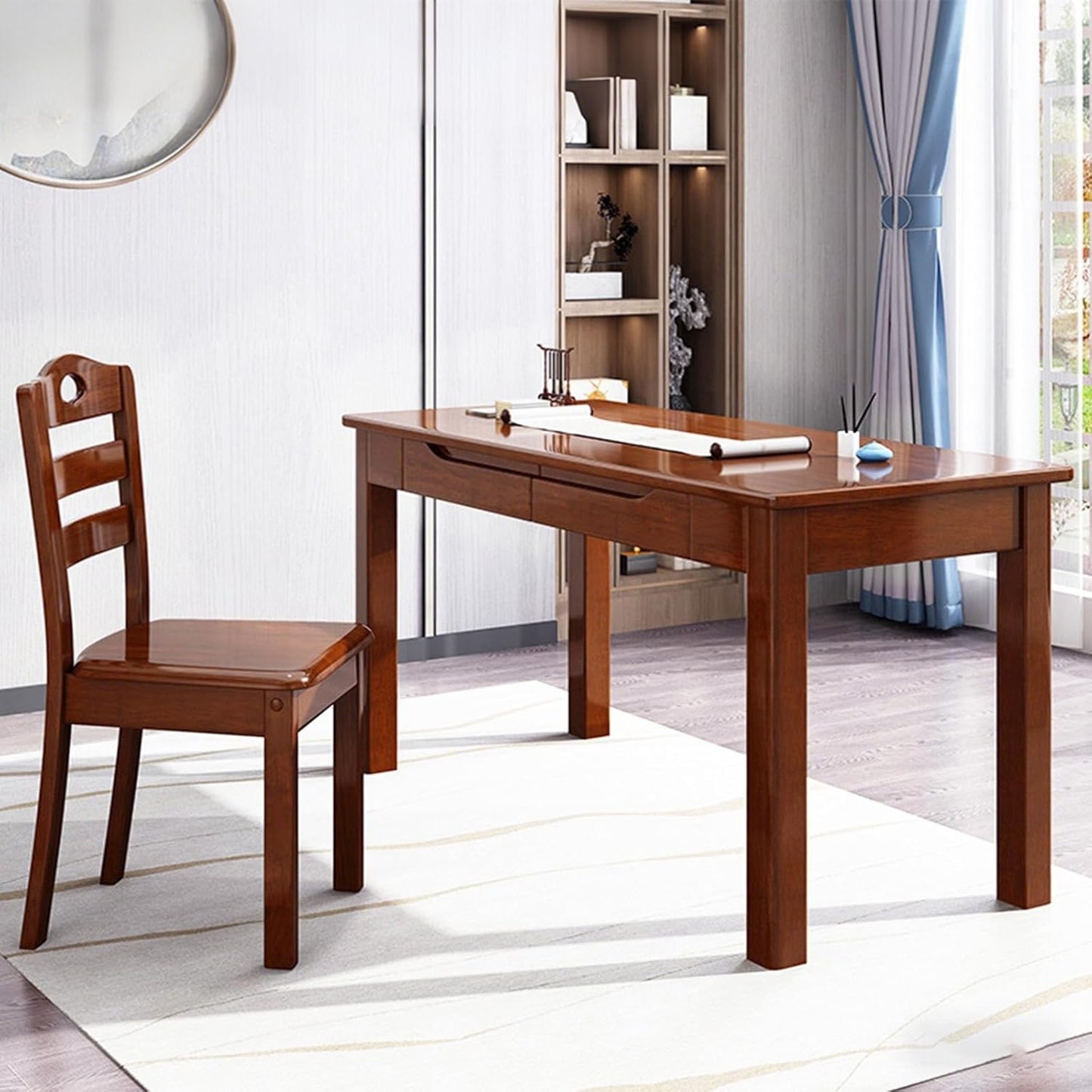 Solid Wood Writing Desk with Drawers, 47" Home Office Computer Desk, Wooden Simple Laptop Desk Study Table for Bedroom, Living Room, Walnut Finish