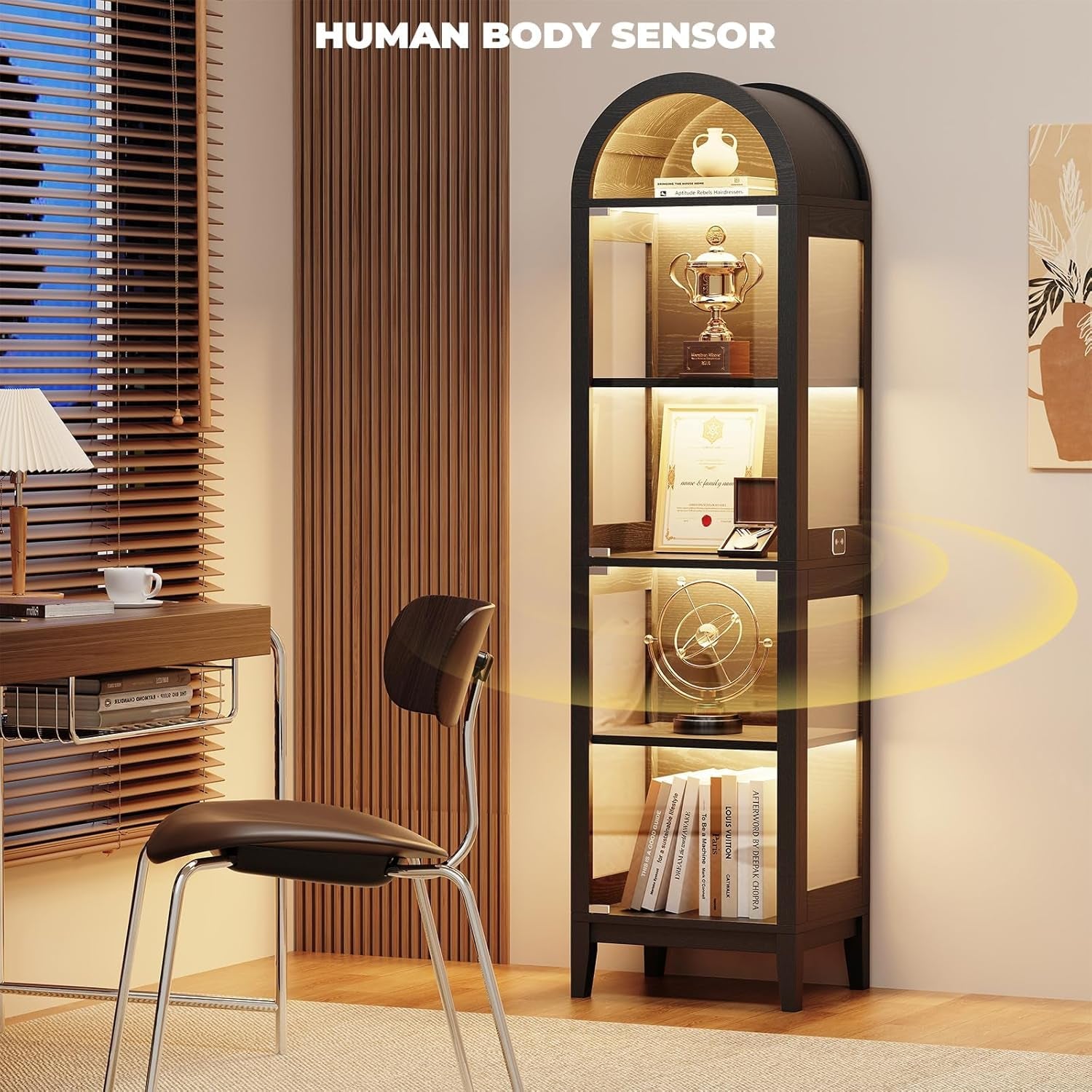 71" Tall Arched Display Cabinet with Glass Doors, Curio Cabinet with LED Lights for Collectibles, Books, 5-Tier Showcase Glass Display Case with Human Body Sensor for Living Room, Black