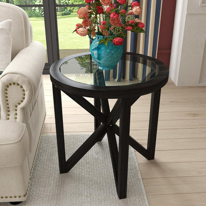 Modern Black Tempered Glass Side Table,Round End Table with Tempered Glass Top and Solid Wood Base.Simple & Modern round Table,Small Glass Tea Table for Living Room,Apartment,22.13In(Black)