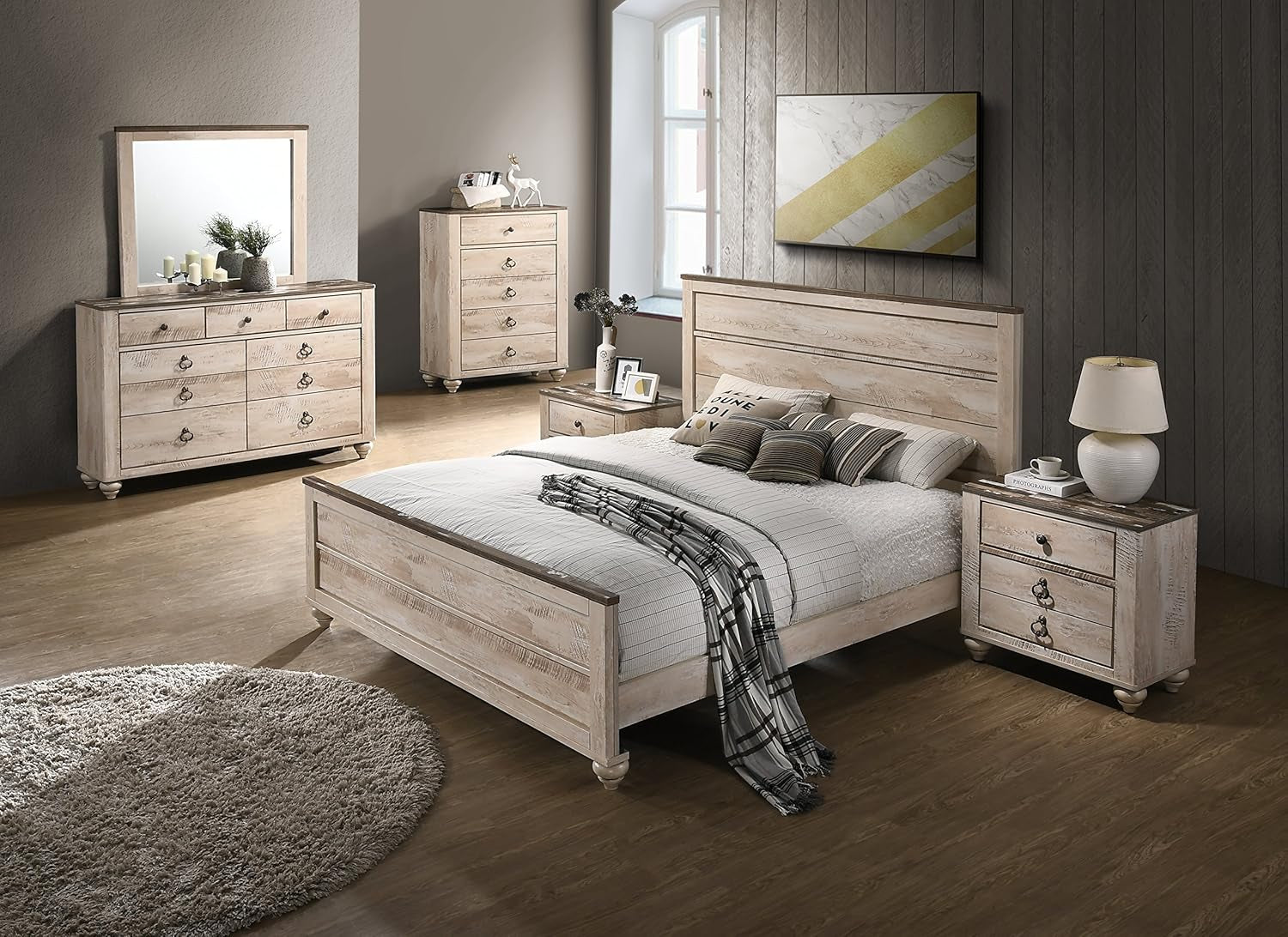 Amerland Contemporary White Wash Finish 6-Piece Bedroom Set,