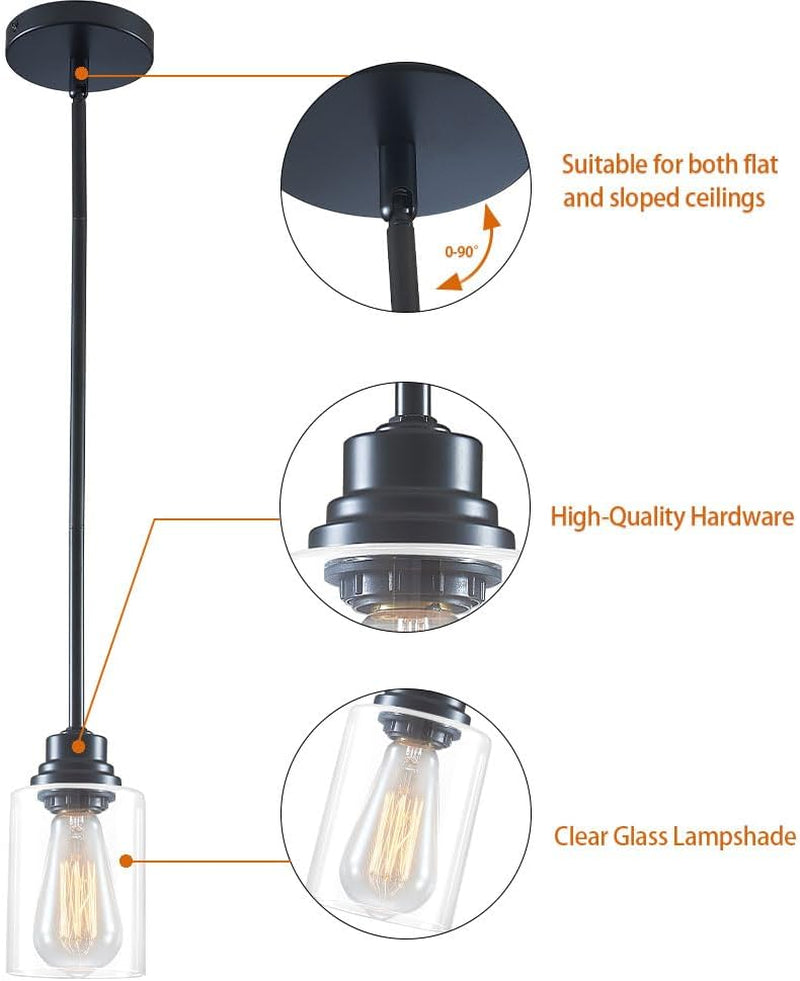 Modern Glass Pendant Lights Kitchen Island 2 Pack, Adjustable Height Black Pendant Lights - Hanging Lights for Bedroom, Dining Room, Living Room, Kitchen & Hallway