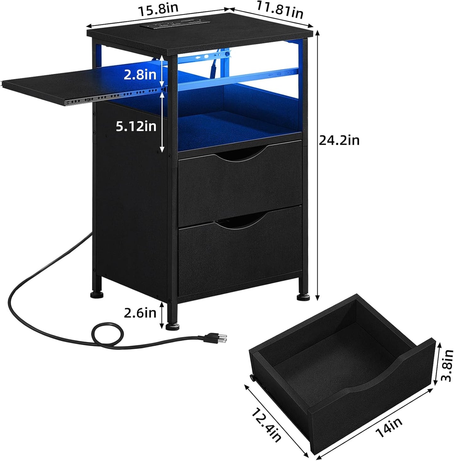 End Table with Charging Station, Narrow Side Table with 2 Drawers, Nightstand with 7 Color LED Light, Slim Bedside Table for Bedroom, Living Room, Small Spaces, Black