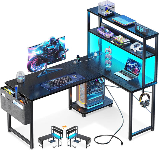 Gaming Desk with Power Outlets & LED Lights, 43 Inch Reversible L Shaped Computer Desk with Shelves & Storage Bag, Corner Desk for Home Office, Black