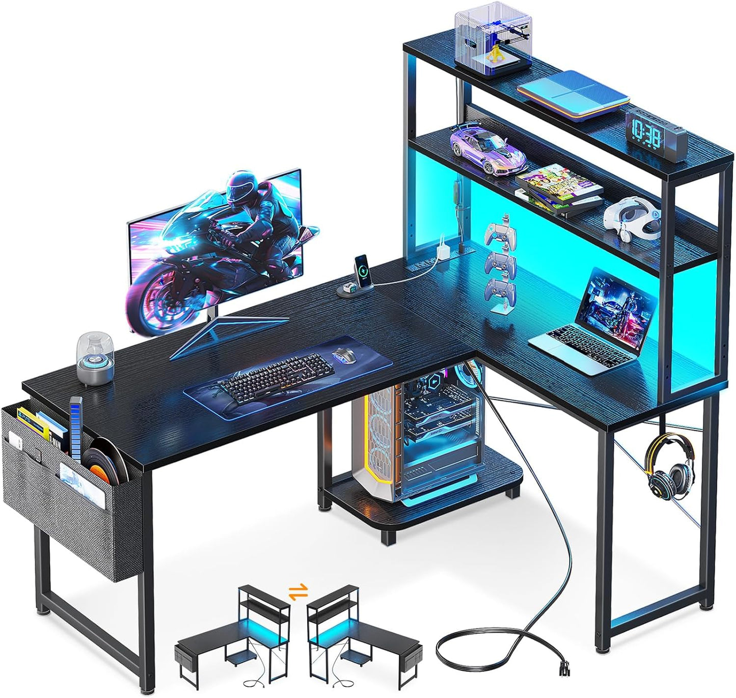 Gaming Desk with Power Outlets & LED Lights, 43 Inch Reversible L Shaped Computer Desk with Shelves & Storage Bag, Corner Desk for Home Office, Black