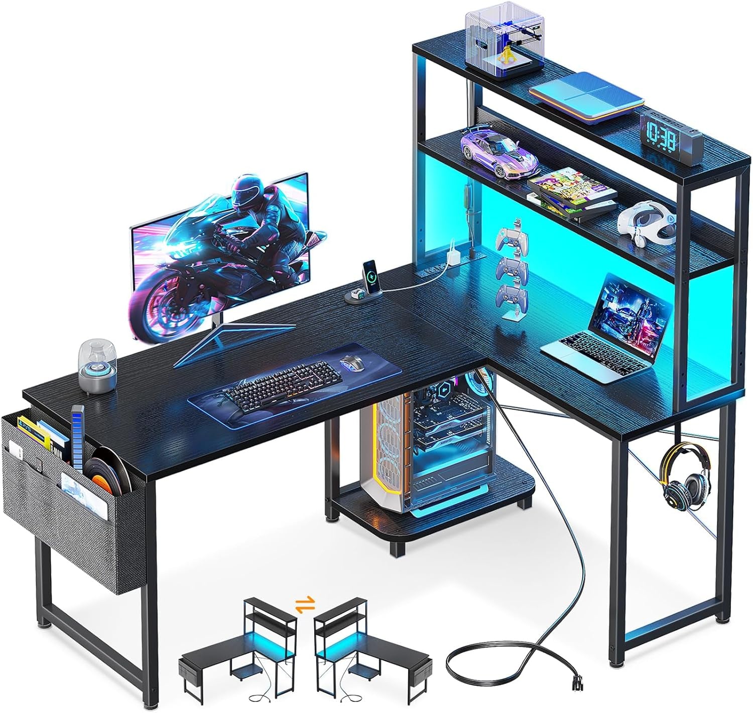 Gaming Desk with Power Outlets & LED Lights, 43 Inch Reversible L Shaped Computer Desk with Shelves & Storage Bag, Corner Desk for Home Office, Black