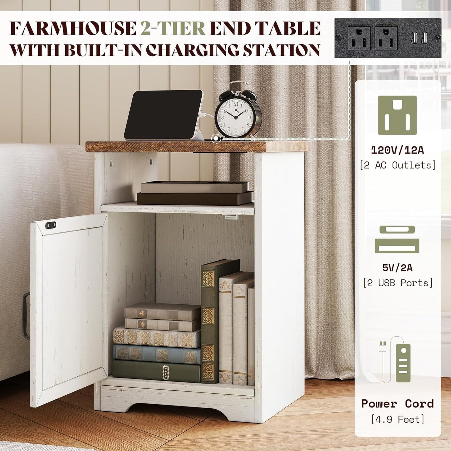 3-Piece Farmhouse Living Room Table Set with Coffee Table & 2 End Tables, Charging Station & USB Ports, Distressed White