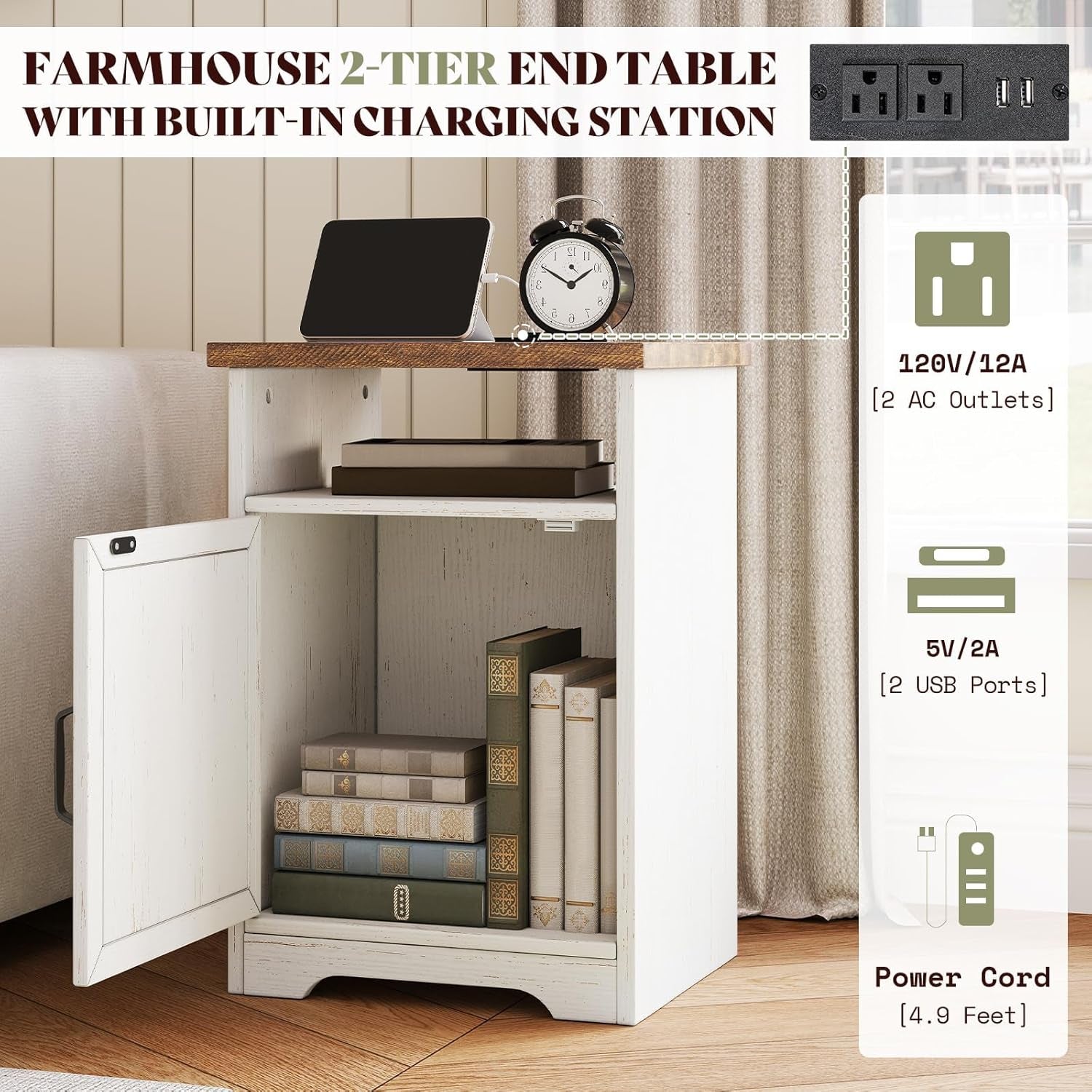 3-Piece Farmhouse Living Room Table Set with Coffee Table & 2 End Tables, Charging Station & USB Ports, Distressed White