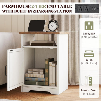 3-Piece Farmhouse Living Room Table Set with Coffee Table & 2 End Tables, Charging Station & USB Ports, Distressed White