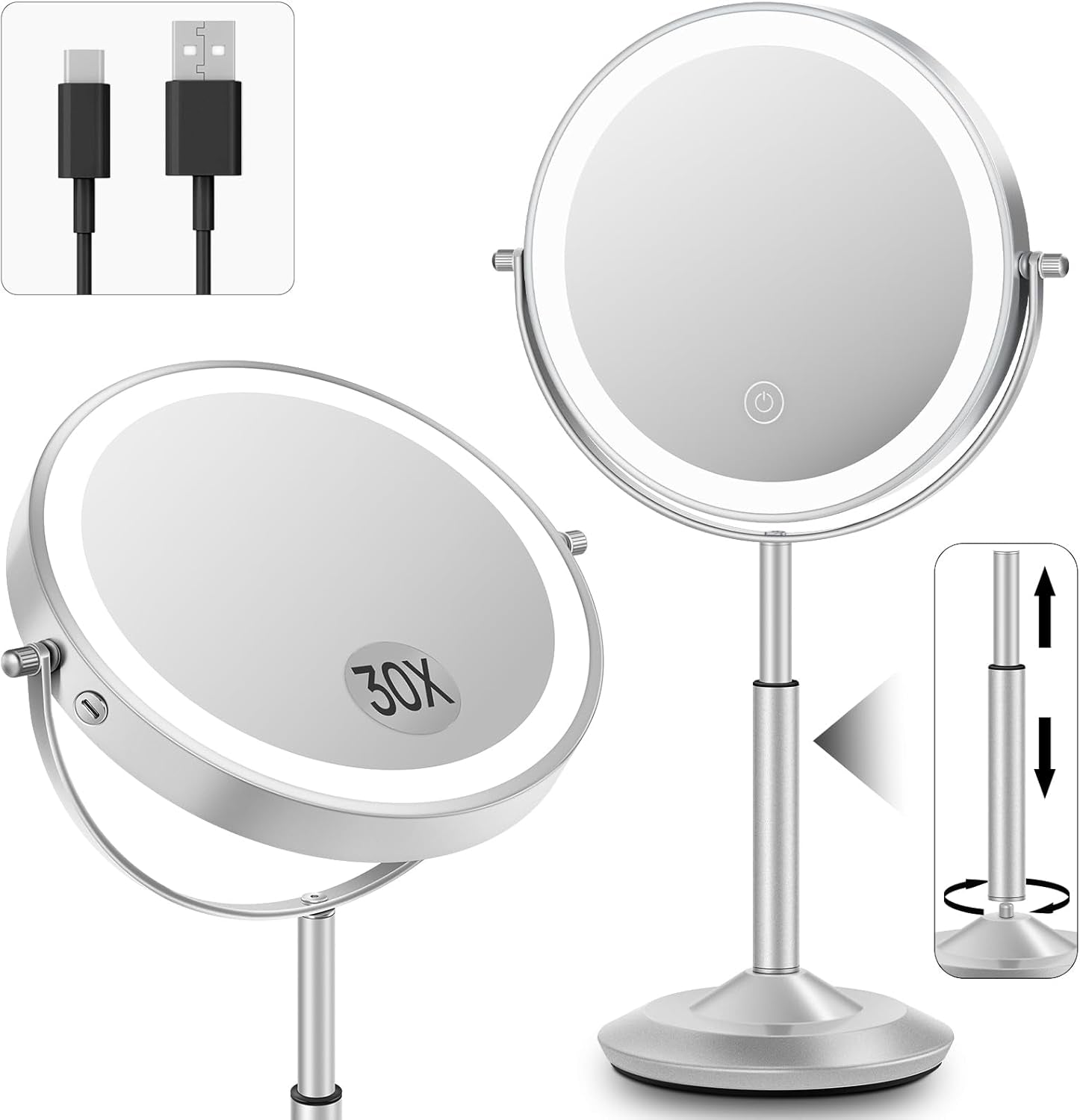 Makeup Mirror with Lights, 1X/30X Lighted Magnifying Mirror Height Adjustable, 3000Mah Rechargeable Double Sided Vanity Mirrors with 3 LED Lighting and Adjustable Brightness for Desk Women Gift