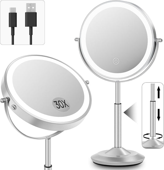 Makeup Mirror with Lights, 1X/30X Lighted Magnifying Mirror Height Adjustable, 3000Mah Rechargeable Double Sided Vanity Mirrors with 3 LED Lighting and Adjustable Brightness for Desk Women Gift