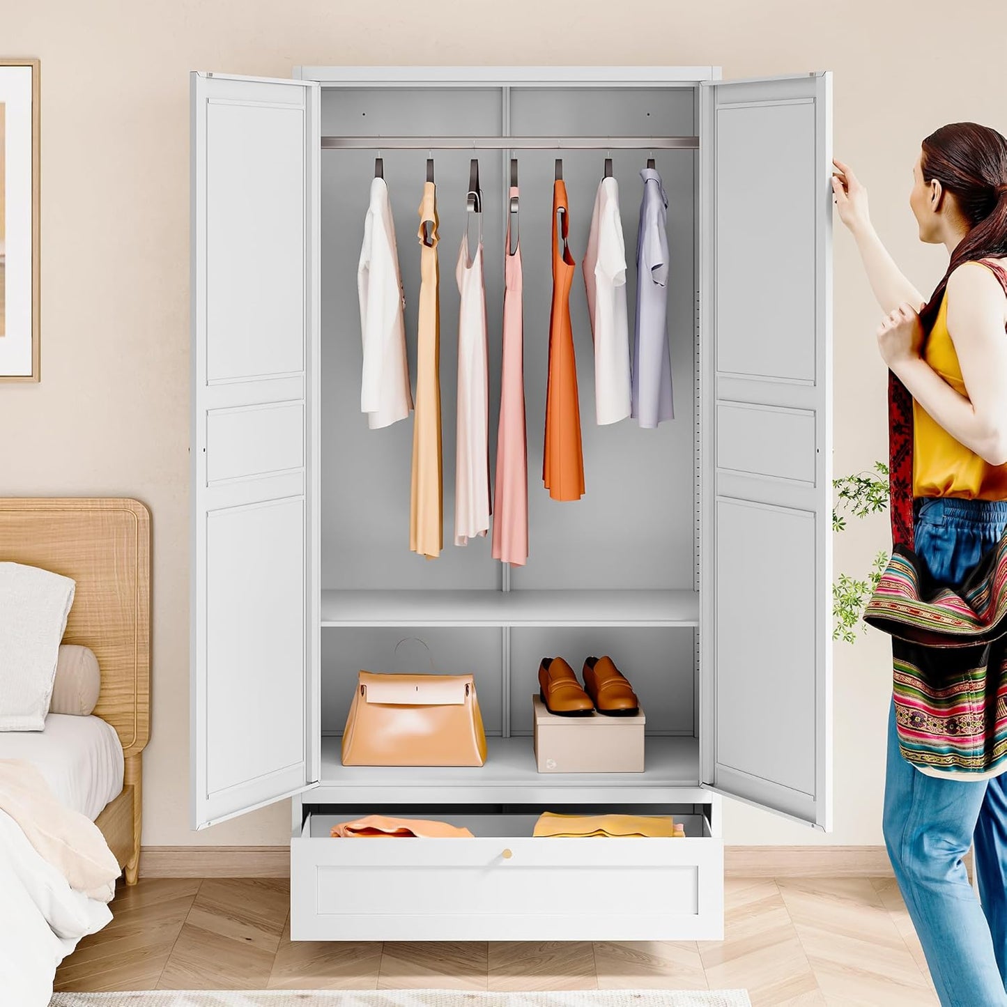 Metal Armoire Wardrobe Closet with 2 Doors 72'' Wardrobe Cabinet with Drawers and Hanging Rail Metal Closet with Adjustable Shelves for Bedroom. (White, with 1Drawer)