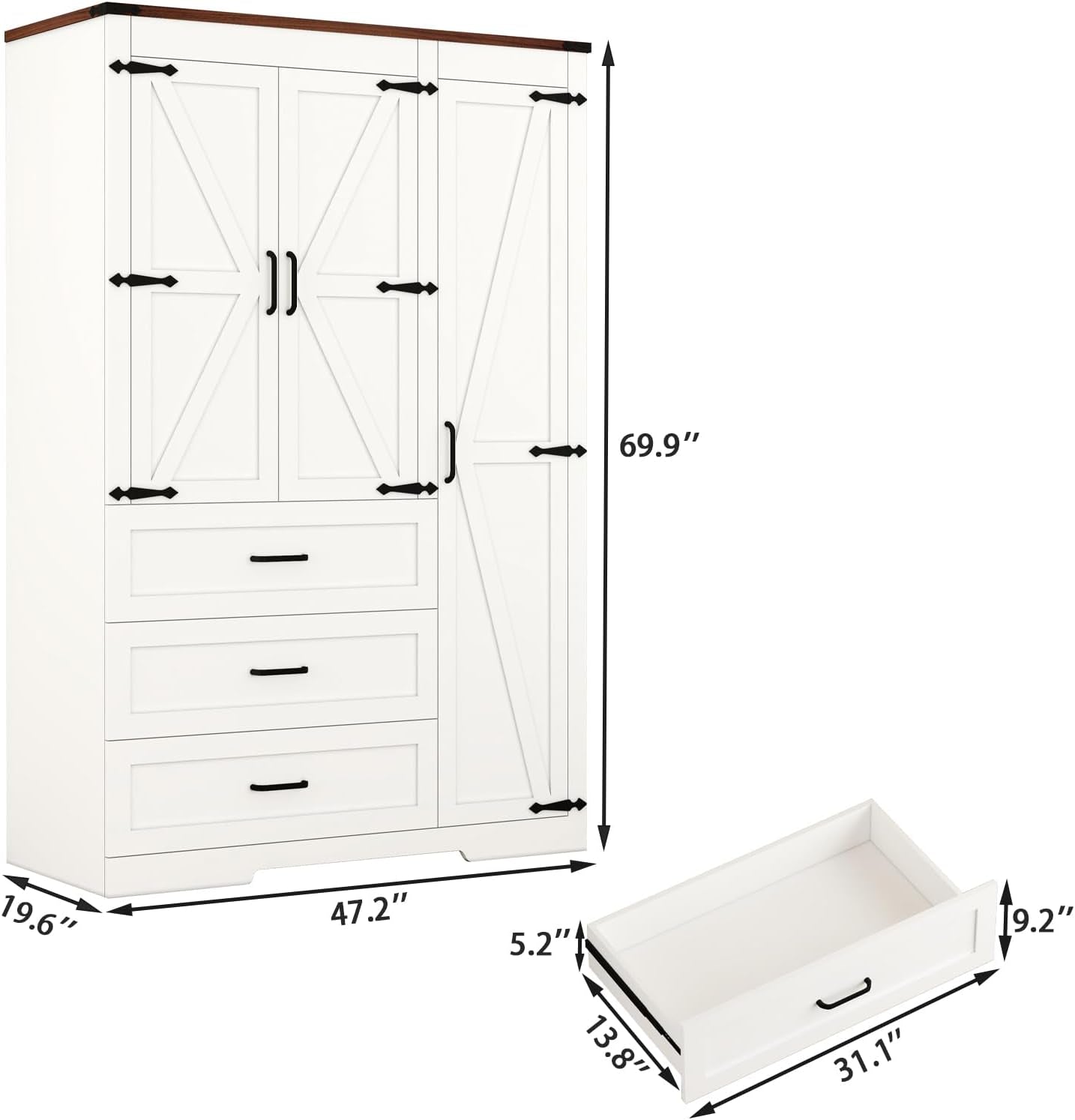 3 Door Armoire Wardrobe Closet Cabinet with 3 Drawers and Drawers, Farmhouse Bedroom Armoire with Hanging Rod and Adjustable Shelves, Large Capacity Storage Wardrobe Armoire for Bedroom, White