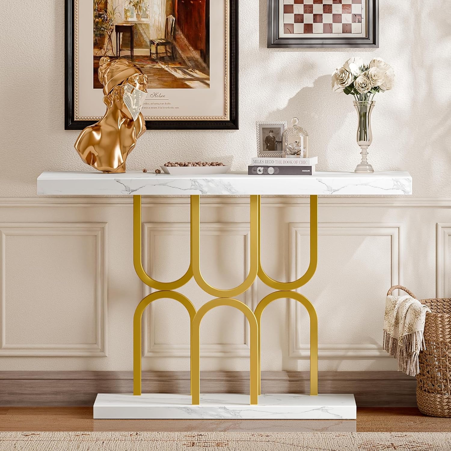 47.2 Inch Entryway Table with Marble Top, Modern Console Sofa Table, Accent Table, for Entry, Hallway, Entrance, Foyer, U-Shaped Metal Base, White Marble & Gold