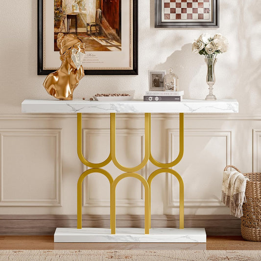 47.2 Inch Entryway Table with Marble Top, Modern Console Sofa Table, Accent Table, for Entry, Hallway, Entrance, Foyer, U-Shaped Metal Base, White Marble & Gold