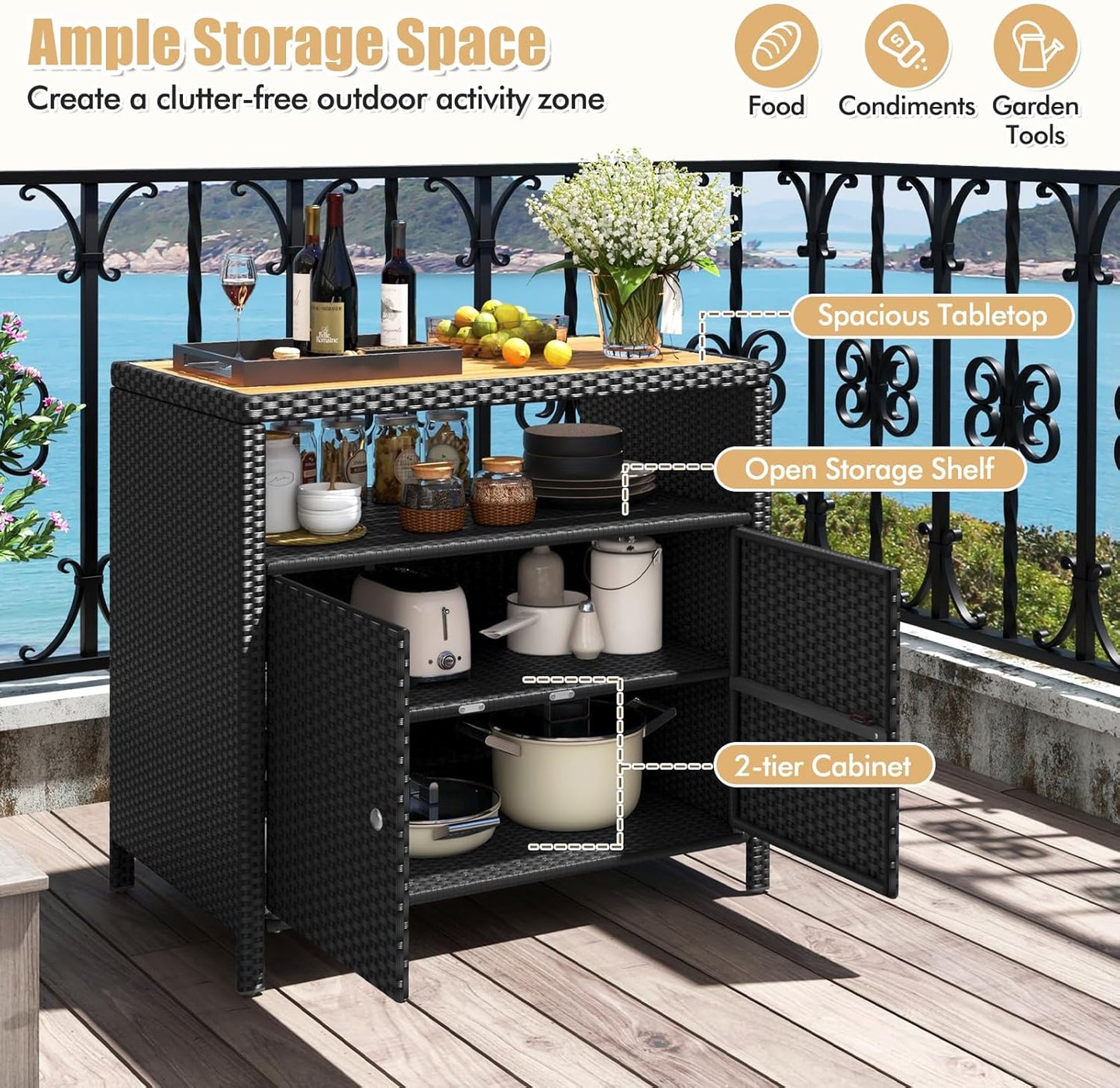 Wicker Outdoor Bar Cabinet - PE Rattan Patio Bar Table W/Acacia Wood Countertop, Open Shelf & 2 Doors, Buffet Sideboard Organizer for Garden Backyard Pool, outside Storage Cabinet (Black)