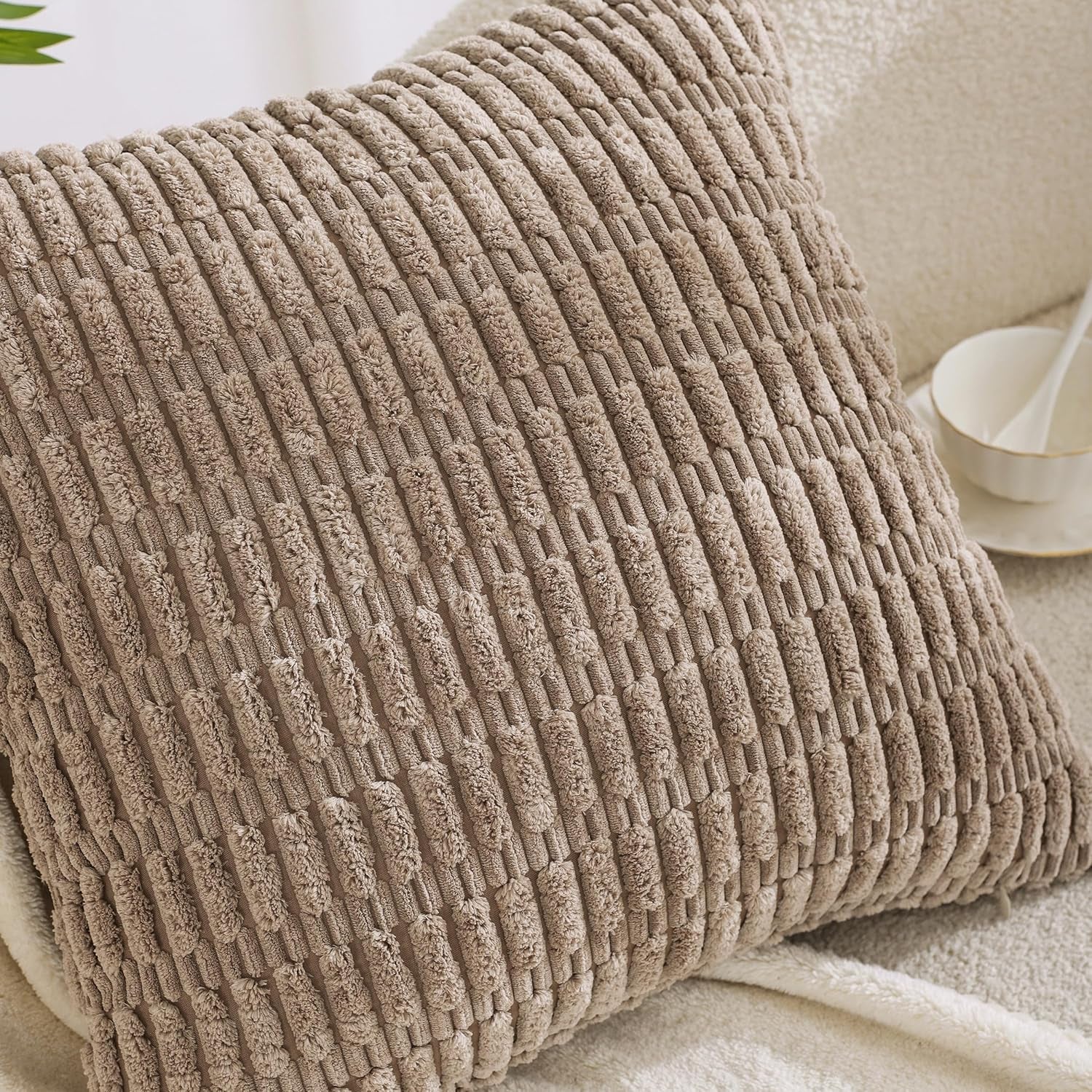 Couch Decorative Throw Pillow Covers 18X18 Set of 4 Neutral Winter Farmhouse Rustic Boho Home Decor Soft Plush Striped Corduroy Square Cushion Case for Living Room Bed SOFE