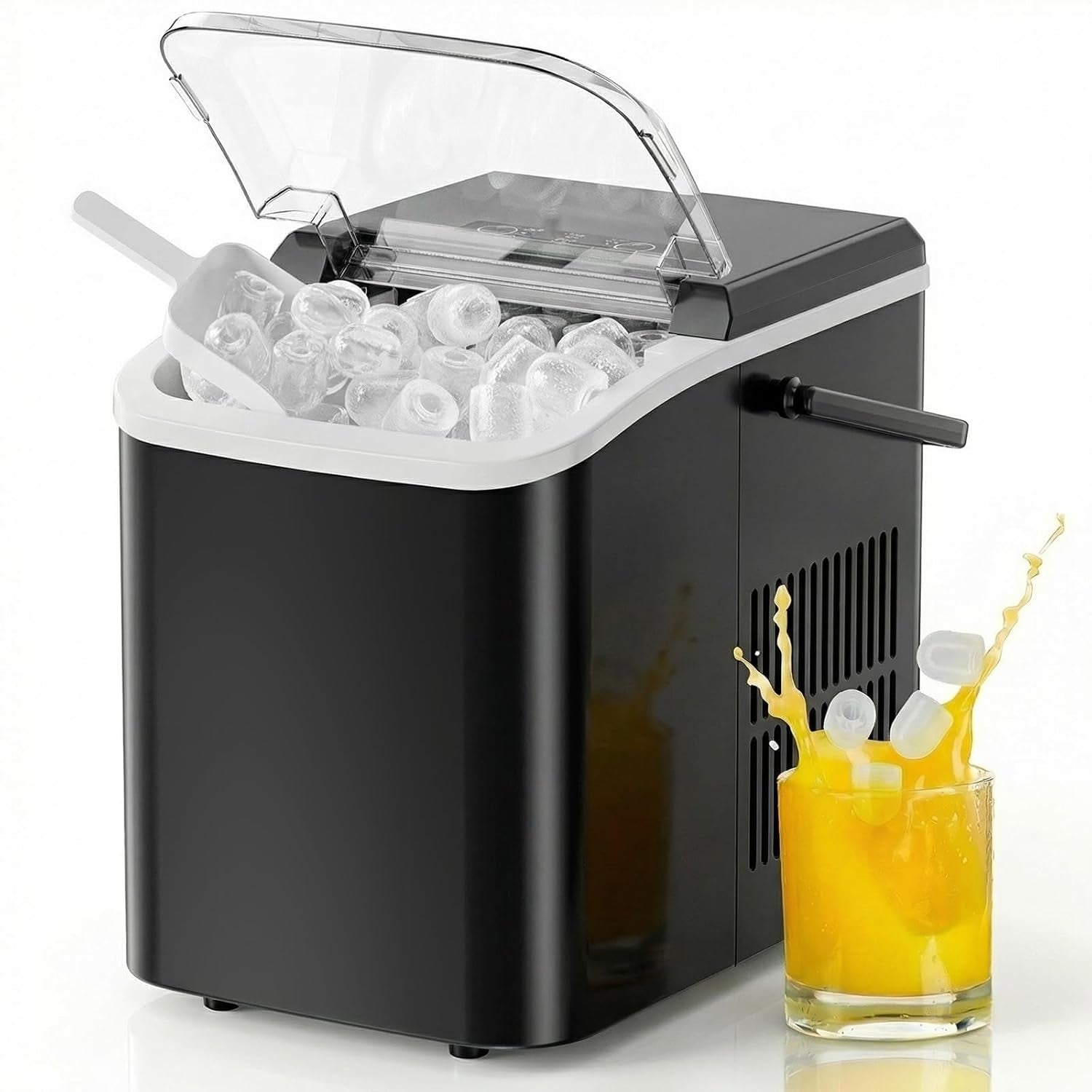 Ice Makers Countertop with Handle, Portable Ice Machine, 9 Bullet Cubes in 6 Mins, 26Lbs in 24Hrs, Auto-Cleaning, with Basket and Scoop, for Home, Kitchen, RV, Camping, Black