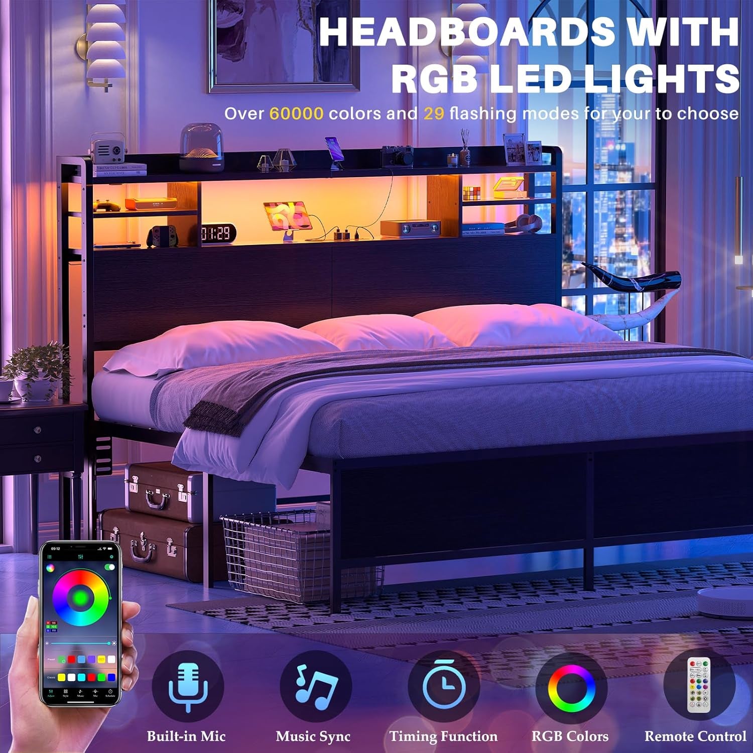 Headboard for Queen Size Bed with Storage, Headboards with LED Light, Power Outlets, USB Ports Queen Size Head Board, Wood Headboard Only Sturdy and Stable Headboards, Modern, Black