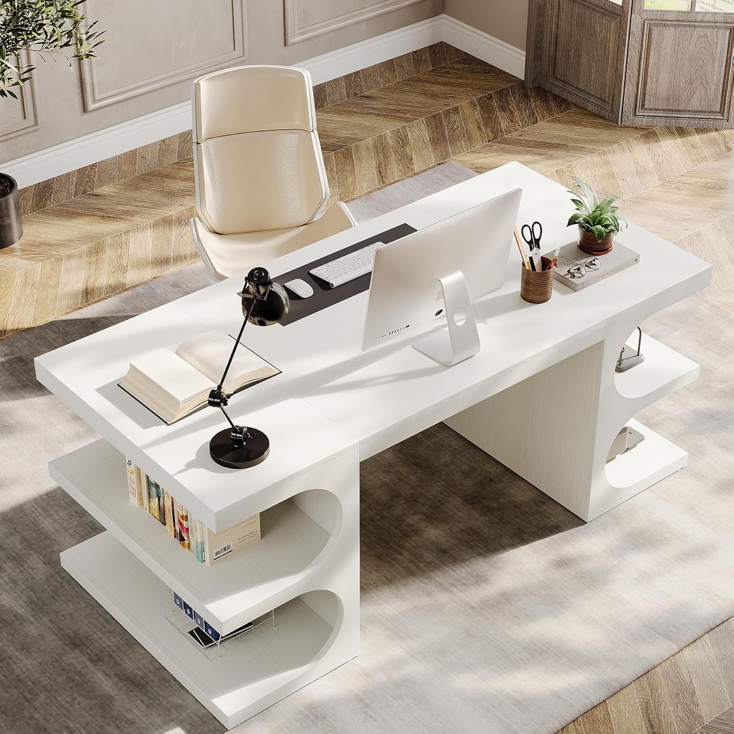 White Executive Office Desk, 63" Computer Desk with Storage Shelves, Modern Wood Study Writing Table, Large Workstation Business Furniture for Home Office (Table Only)