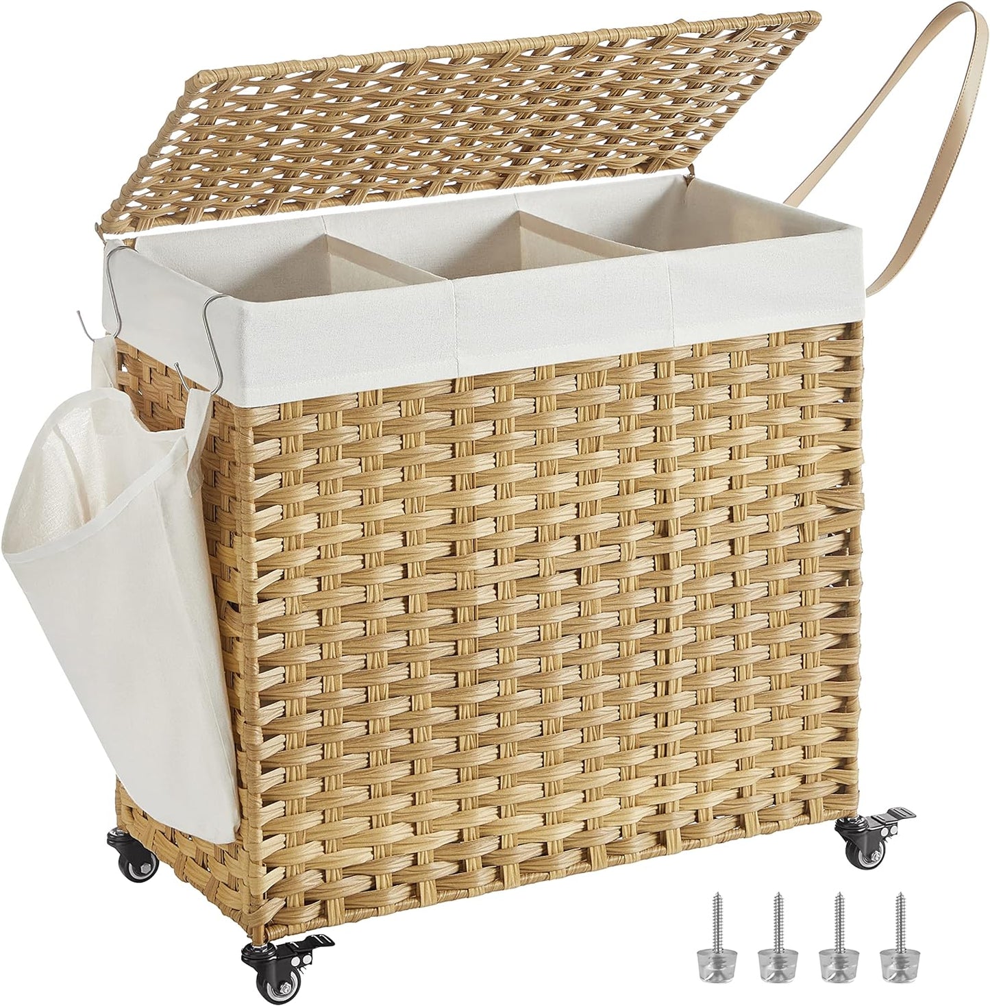 Laundry Hamper with Lid, 42.3 Gallons (160 L), Rolling Laundry Basket with Wheels, 3-Section Synthetic Rattan, Removable Liner, Bedroom, 27.6 X 14.2 X 26 Inches, Natural ULCB365N01