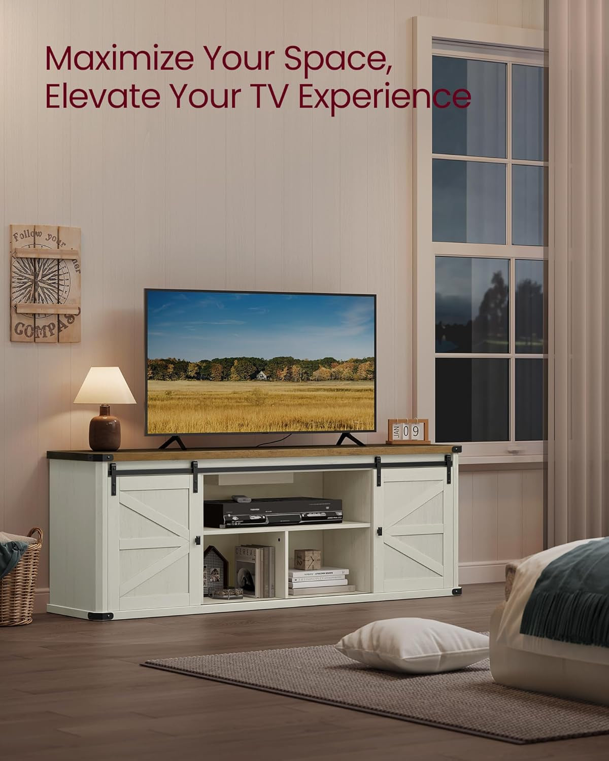 TV Stand for Tvs up to 75 Inches, Farmhouse Entertainment Center with Sliding Barn Doors, TV Console Table for Living Room, Rustic White and Honey Brown ULTV325W73