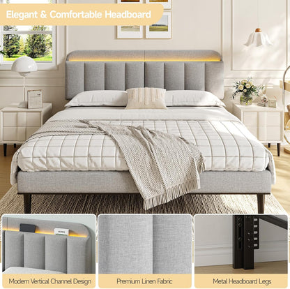 Adjustable Headboard for King/California King Size Bed Frame, Linen Fabric Bed Headboard with Storage & RGB LED Light in Modern Vertical Channel Design, Light Grey