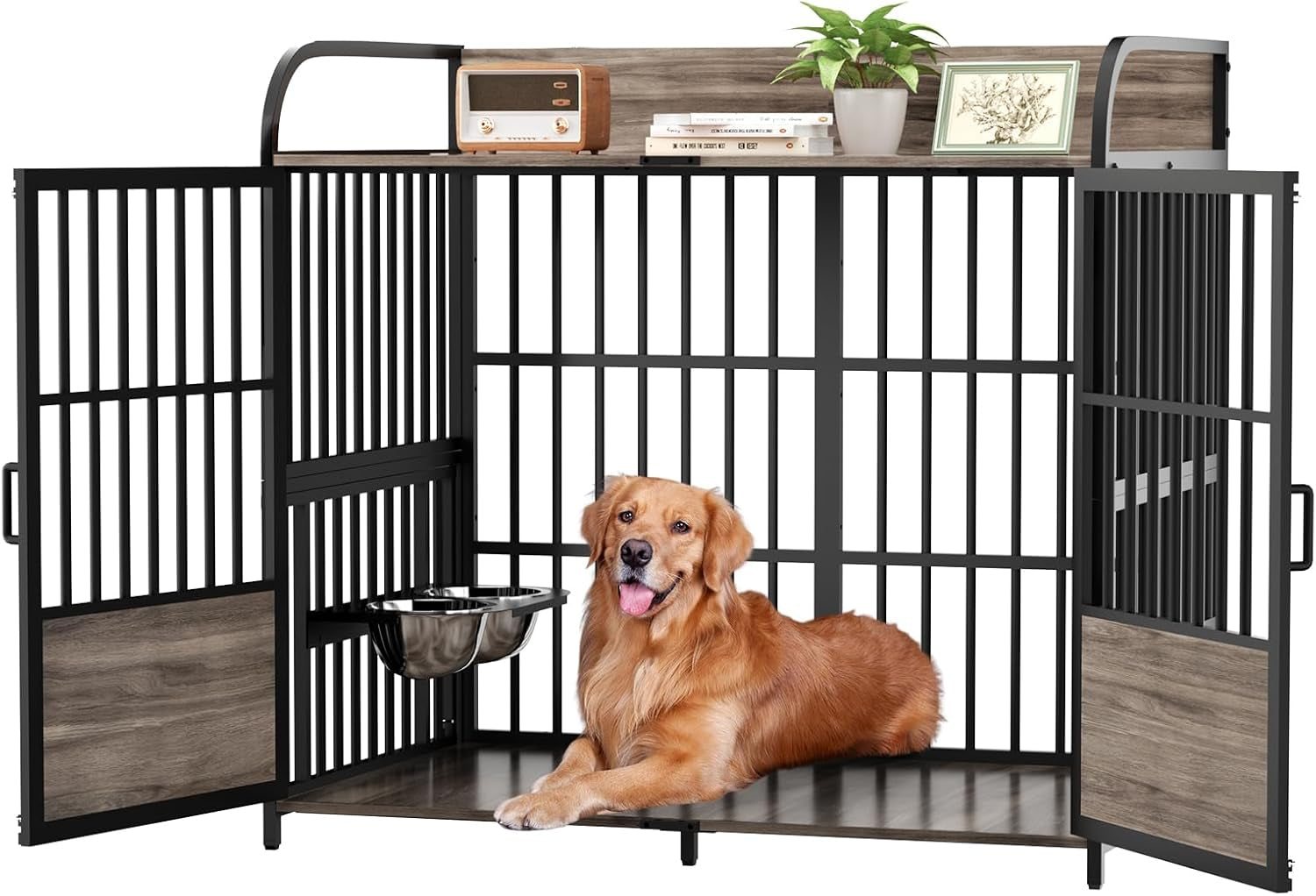 41 in XL Dog Crate Furniture, Medium Dog Kennel Indoor with 2 Adjustable Bowls, Wooden Dog Cage Table for Medium, Small Breeds, Grey