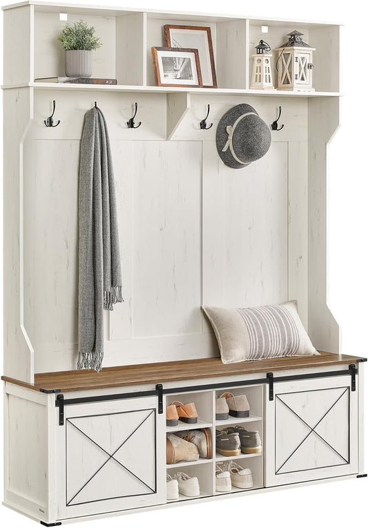 Hall Tree with Bench and Shoe Storage, Coat Rack with Shoe Bench, Entryway Furniture, 6 Tri-Hooks, Sliding Door, Farmfouse Style, Space Saving, Rustic White and Honey Brown UHSR443W01