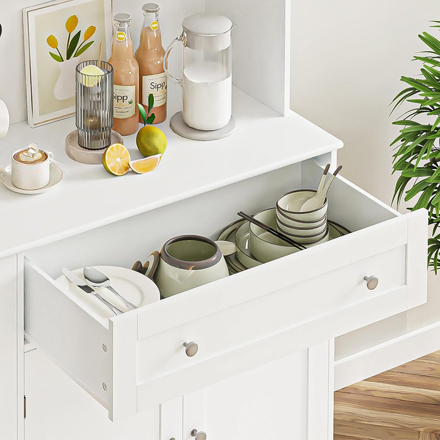 Kitchen Pantry Storage Cabinet, Modern Buffet Cabinet with Hutch, Tall Kitchen Hutch with Microwave Stand, Food Pantry with Doors and Shelves | Wine Rack for Dining Room, White