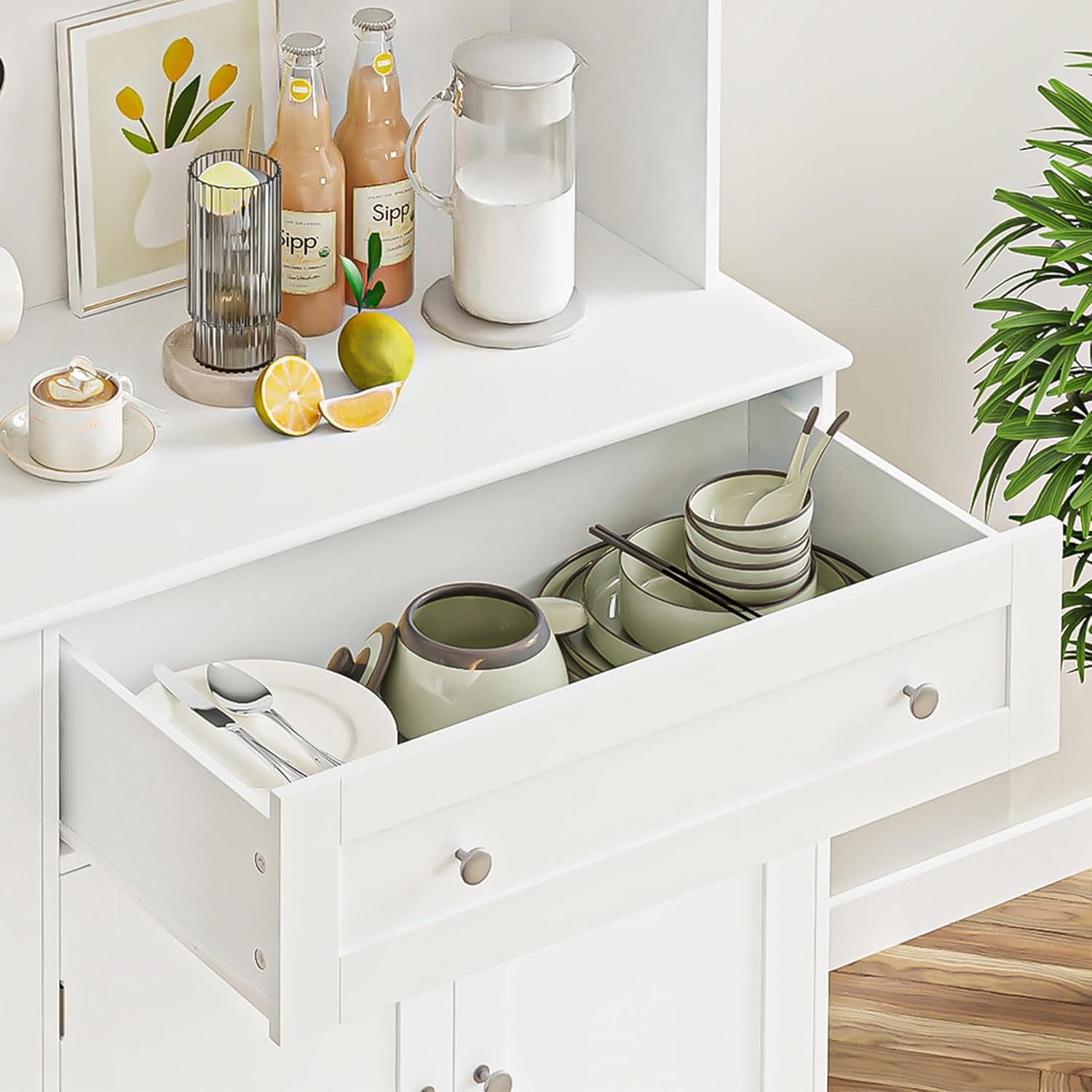 Kitchen Pantry Storage Cabinet, Modern Buffet Cabinet with Hutch, Tall Kitchen Hutch with Microwave Stand, Food Pantry with Doors and Shelves | Wine Rack for Dining Room, White