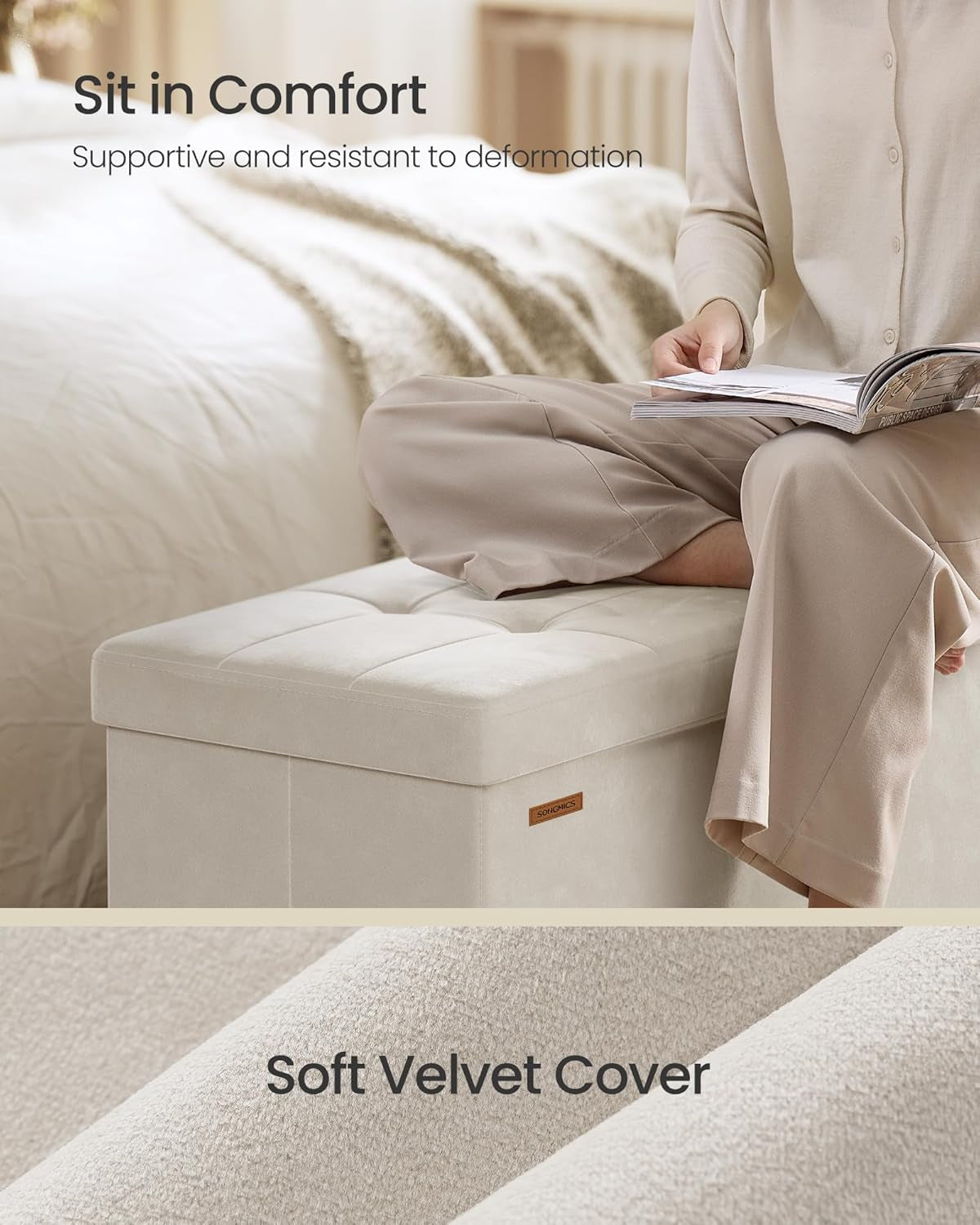 Storage Ottoman Bench, Folding Storage Chest, 15 X 43.3 X 15.7 Inches, Foot Rest Stool, 30 Gal. (112 L), Velvet Surface, for Bedroom, Entryway, Living Room, Cappuccino Beige ULSF0518W02