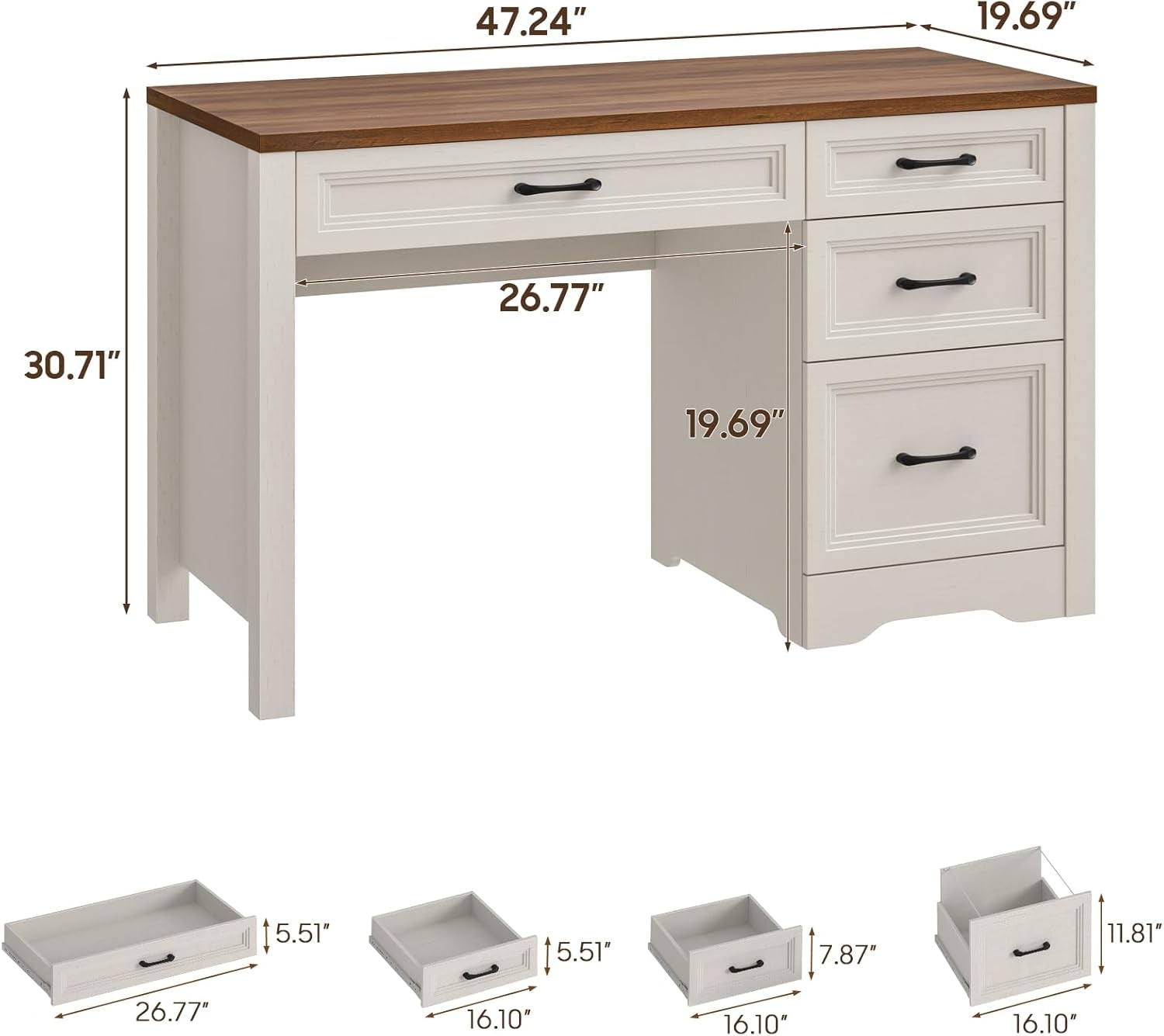 Farmhouse Executive Desk with Storage and Ample File Drawer, Rustic Large Home Writing Desk for Bedroom, White