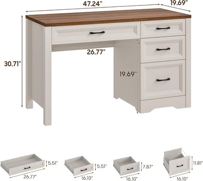 Farmhouse Executive Desk with Storage and Ample File Drawer, Rustic Large Home Writing Desk for Bedroom, White