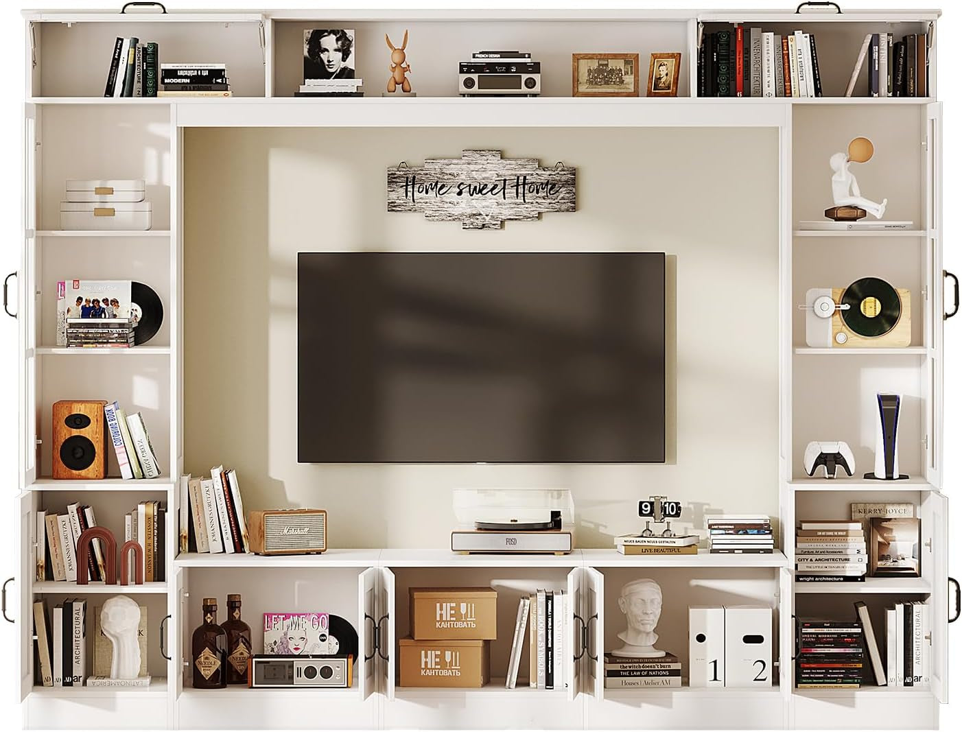 98" W Wall Unit TV Stand with Storage for Tvs up to 80", Modern TV Console with LED Lights, Entertainment Center with Bookshelves for Living Room, White