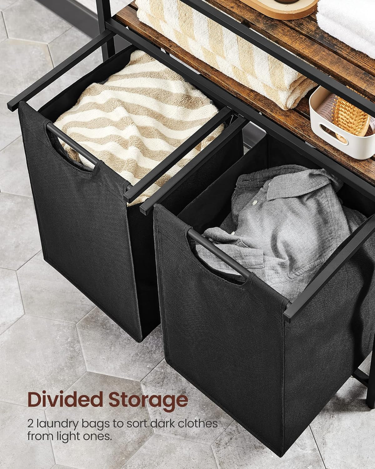Laundry Hamper, Laundry Basket, Laundry Sorter with 2 Pull-Out and Removable Bags, 2 Shelves, 12.1 Gal (46L) Capacity per Bag, for Laundry Room, Rustic Brown and Black UBLH211B01