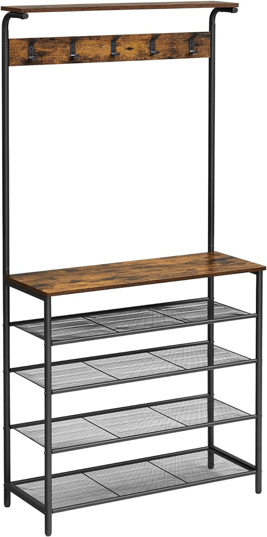 Hall Tree with Shoe Bench, Coat Rack Shoe Bench, 5-Tier Shoe Rack Different Heights, 5 Dual Hooks, Top Shelf, Entryway Organizer, Hallway Bedroom Dorm, Rustic Brown and Black UHSR408B01