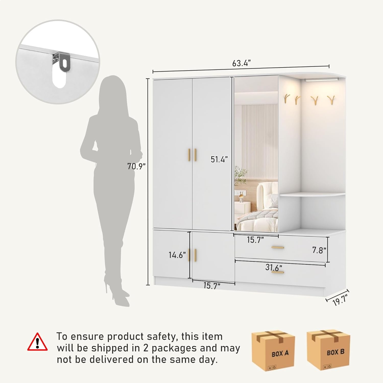 Armoire Wardrobe Closet with Mirror & Sensor Light, Bedroom Armoire with 5 Doors & 2 Drawers, Modern Wooden Large Wardrobe Closet with Shelves, 4 Hooks, 2 Hanging Roods, Open Space, White