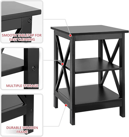 3-Tier End Table with Storage Shelves Versatile X-Design Wood Sofa Side Table for Living Room Bedroom Apartment Small Spaces, Black