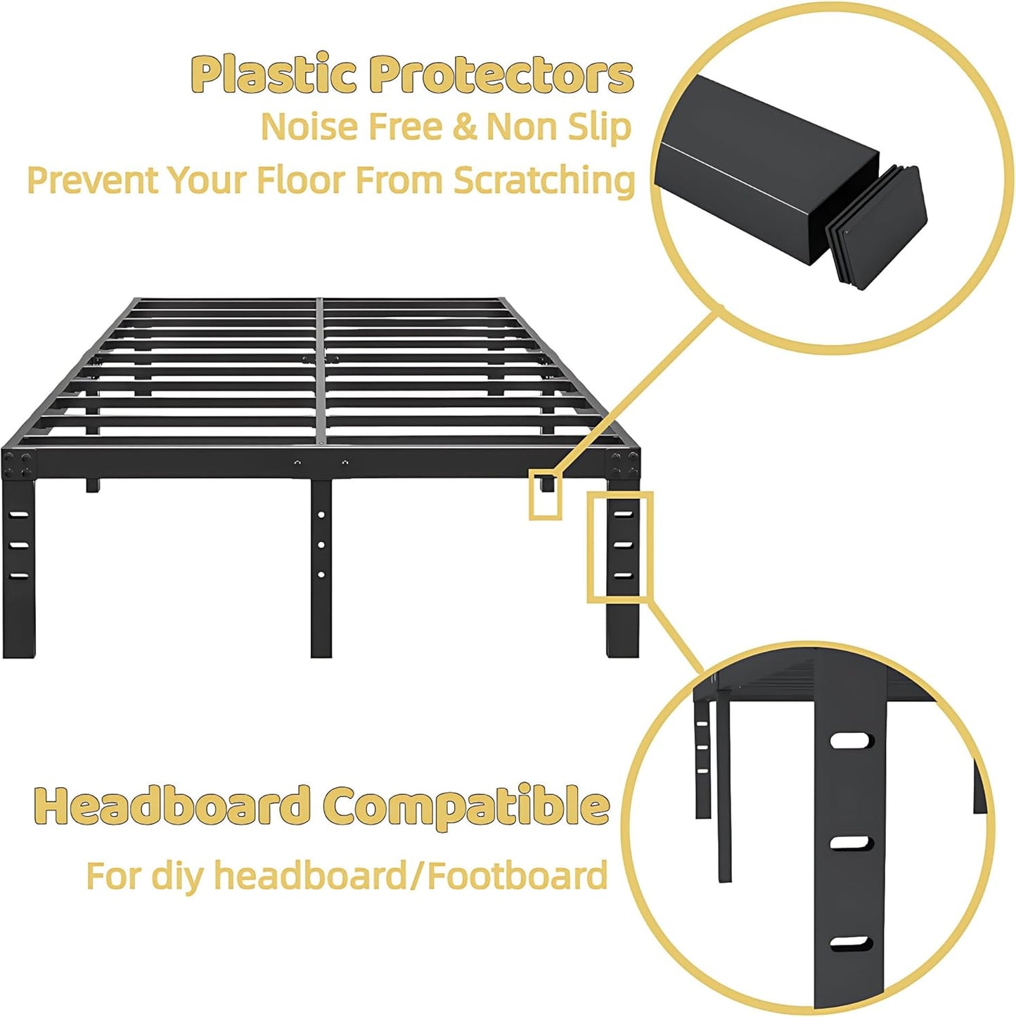 18 Inch Metal Full Size Bed Frame - Black Basic Steel Slats Platform, Easy Assembly Heavy Duty Noise Free Bedframes, No Box Spring Needed