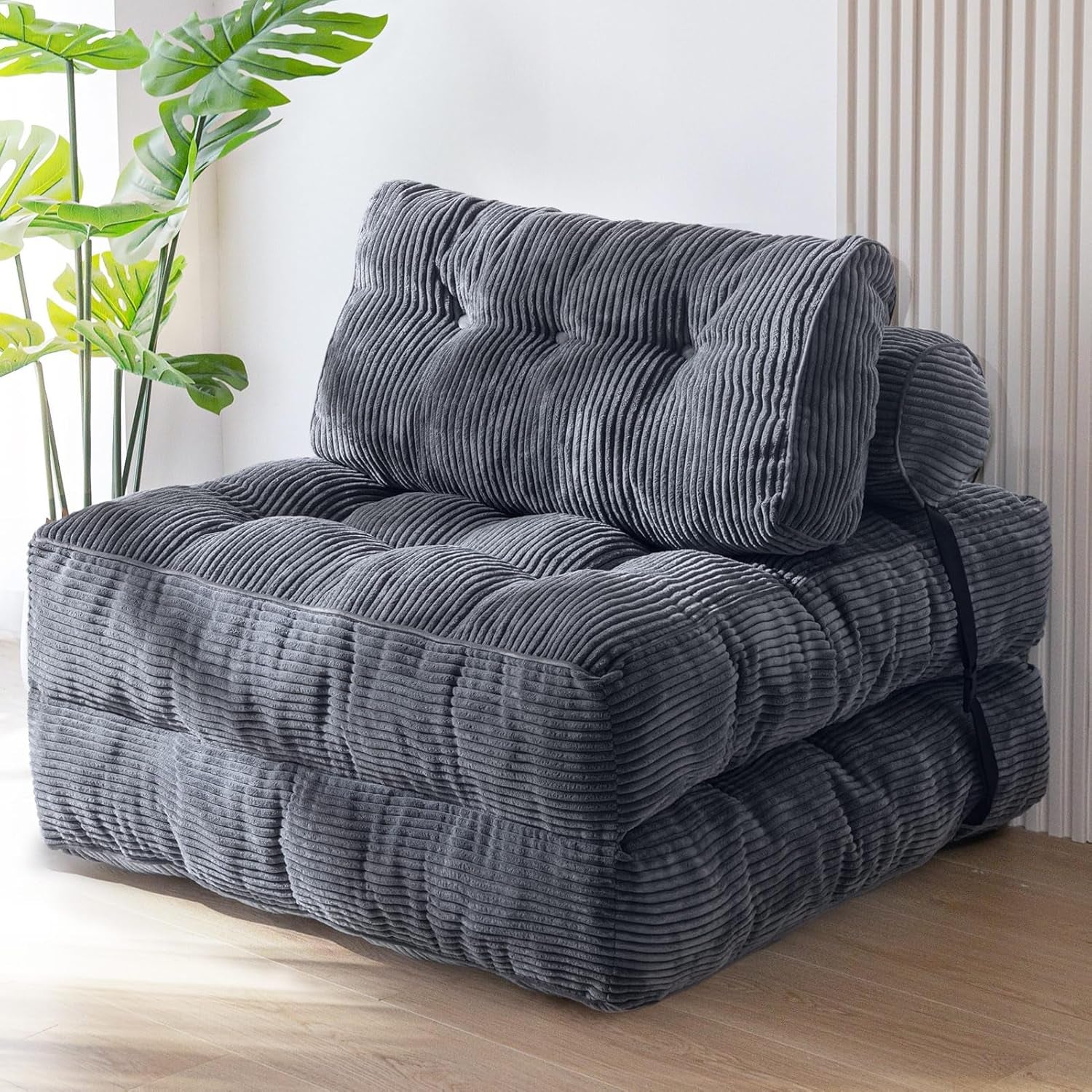 Folding Sofa Bed, Convertible Sleeper Chair with Pillow Foldable Mattress with Back Support, Portable Fold Out Chair Bed Comfy Floor Sofa Lounge for Living Room Bedroom, Dark Grey, Single
