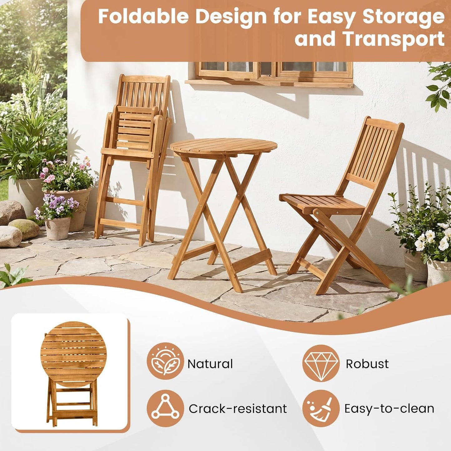 3Pcs Patio Bistro Set, Wood Folding Table Set, 2 Cushioned Chairs for Garden Yard, Outdoor Furniture round Table (Natural & Beige)