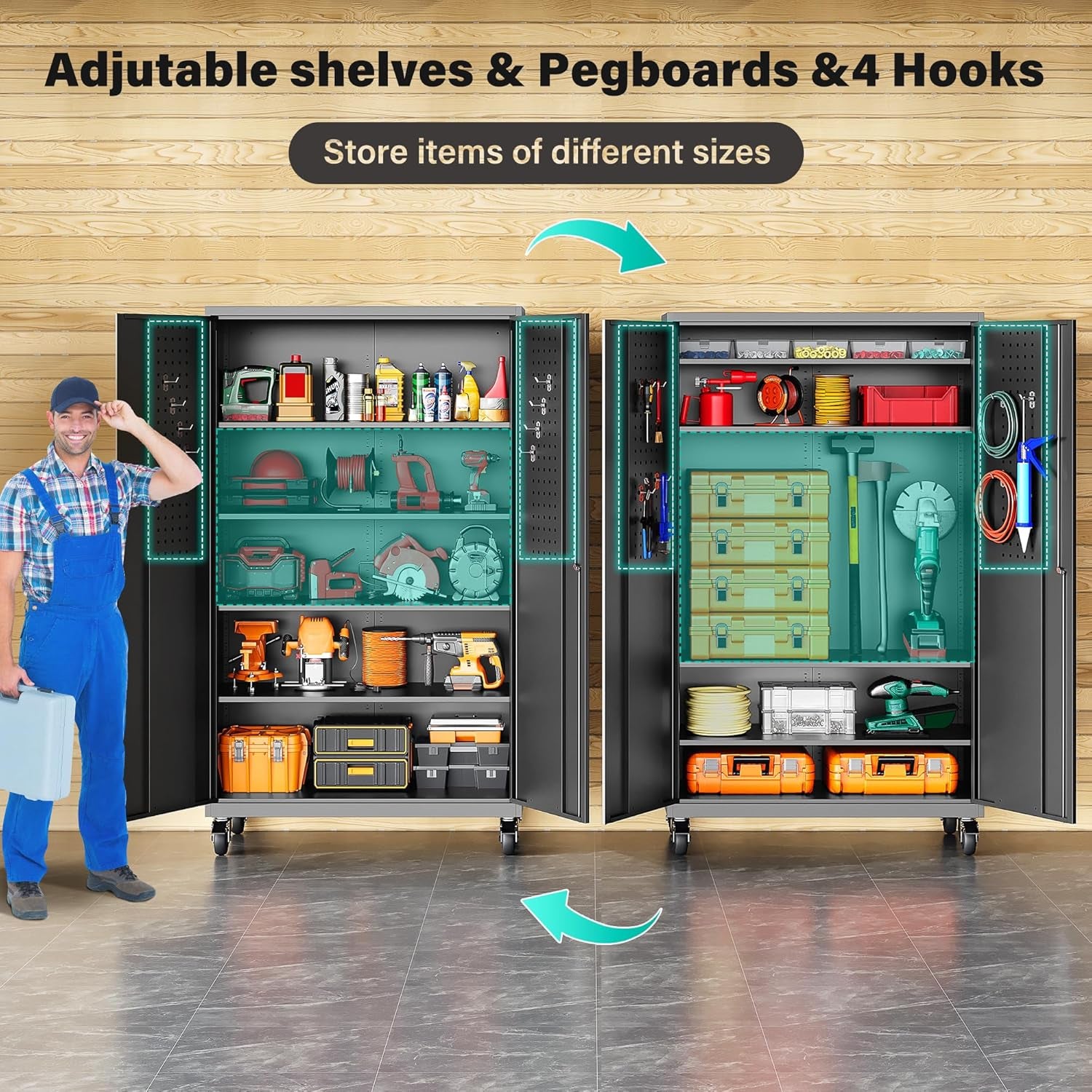 Wide & Deep Metal Storage Cabinet with Wheels,Tall Rolling Garage Storage Cabinet with Lock,Black Metal Cabinets with Pegboards and Shelves,Tool Locker for Garage,Home,Office,43''Wx 20''Dx71"H