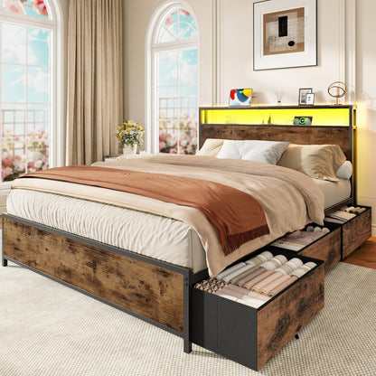 Queen Bed Frame with Headboard & 6 Drawers, Metal Platform Bed Frame Queen Size with Charging Station,Led Lights,2 Tier Shelf Storage Bedframe-No Box Spring Needed,Noise Free,Rustic Brown