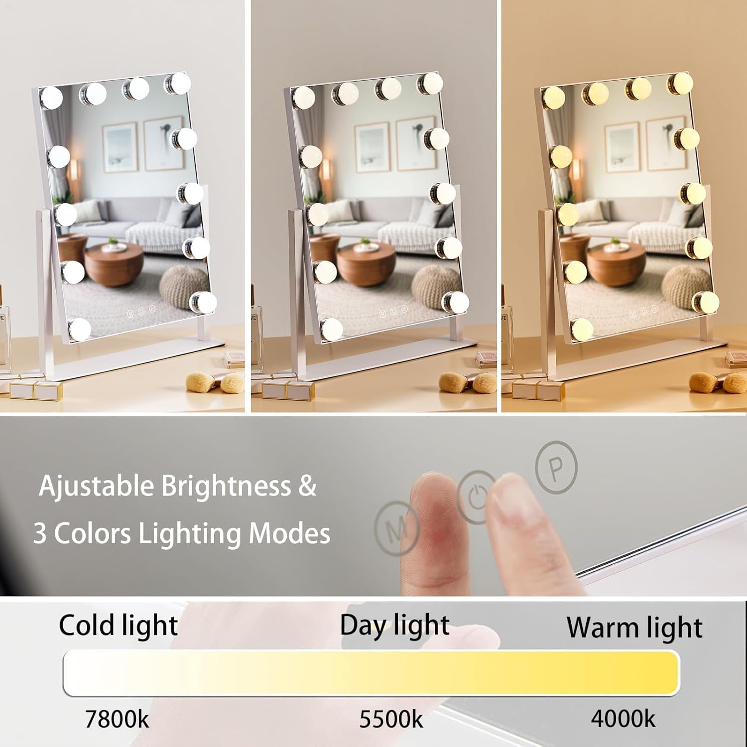 Hollywood Vanity Mirror with 12 Dimmable Bulbs Lights, Three Color Lighting Modes, and 5X Magnification, Smart Touch Control, 360°Rotation (White,Gift Box)