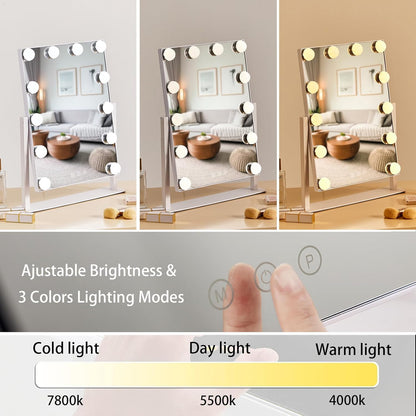 Hollywood Vanity Mirror with 12 Dimmable Bulbs Lights, Three Color Lighting Modes, and 5X Magnification, Smart Touch Control, 360°Rotation (White,Gift Box)