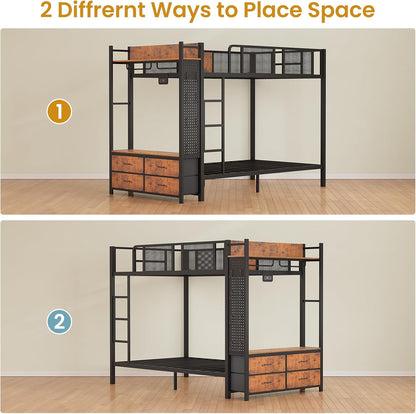 Metal Bunk Bed Twin over Twin with Hall Tree, Power Outlet, LED Bunk Bed with 4 Storage Drawers, Bed with Safety Guardrail & Ladders, No Box Spring Needed, Easy Assembly, Rustic Brown