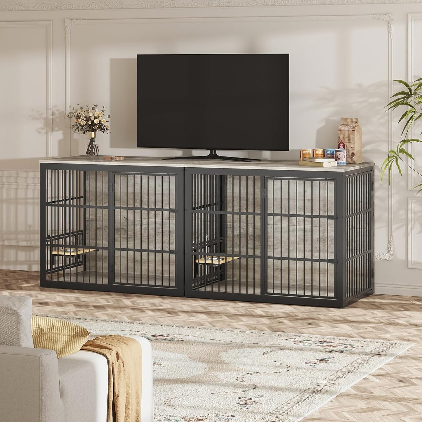 48'' XXL Dog Crate Furniture with Rotating Feeder, Large Wooden Crate End Table, Heavy Duty Indoor Kennel Cage for Medium to Large Dogs, Grey