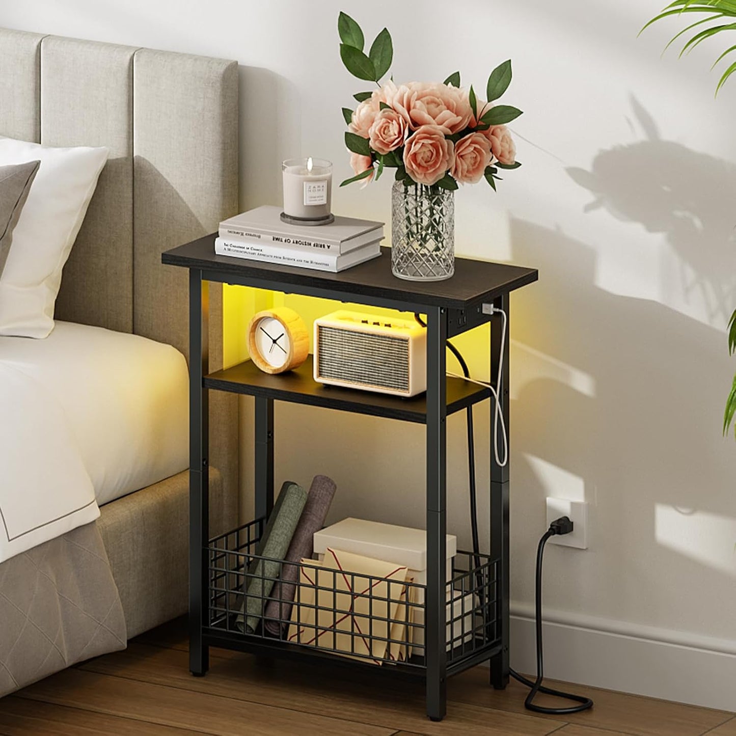 Narrow Side Table with Charging Station and LED Light, Small End Table with Storage, Skinny Nightstand with USB Port, Slim Bedside Table for Small Spaces, Living Room, Black BB242UDBZ01
