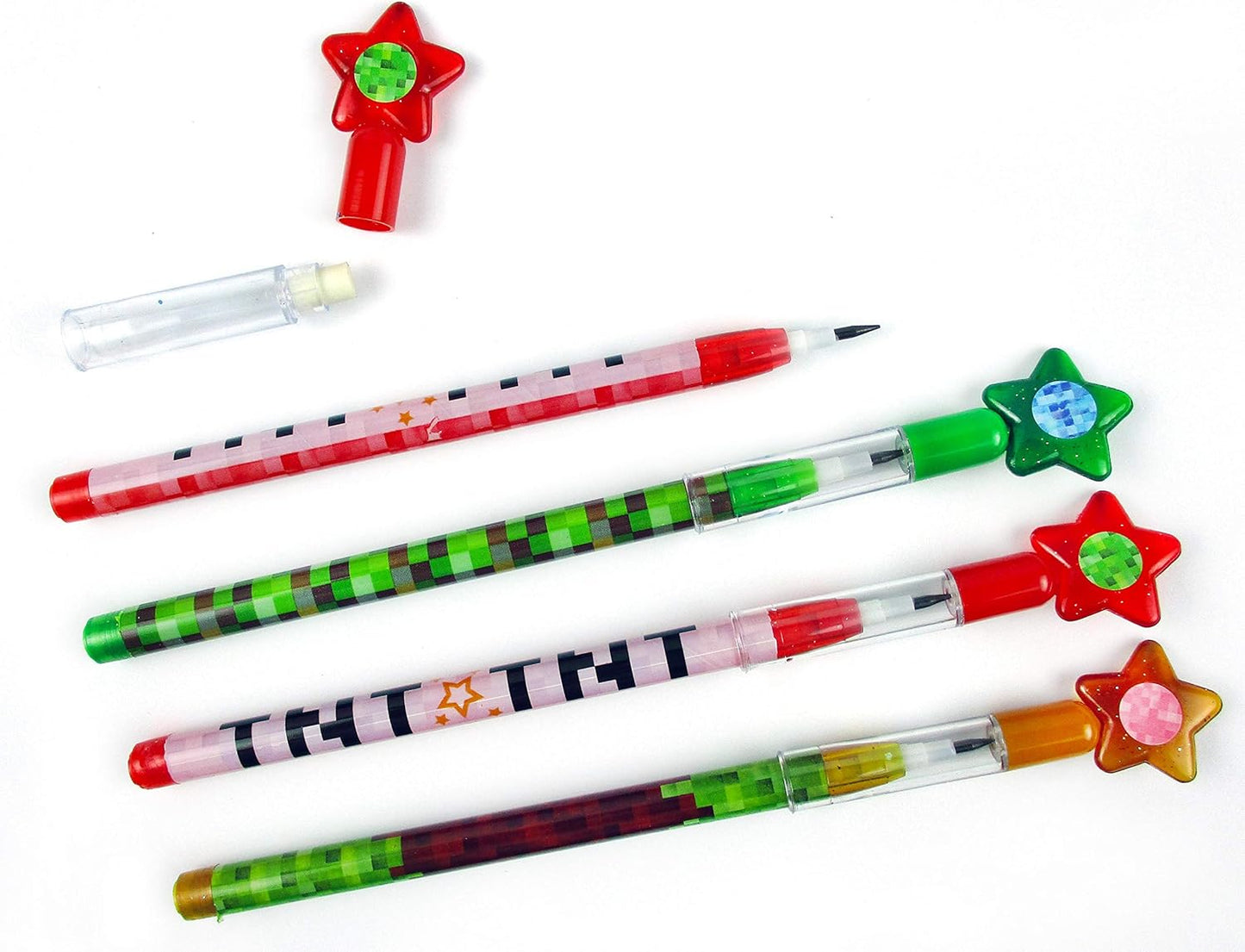 Pixel Miner Party Favor Set of 60 Pcs (12 Party Favor Treat Goody Bags with Handles, 24 Self-Ink Stamps for Kids, 12 Multi-Point Pencils, 12 Small Spiral Notepads)