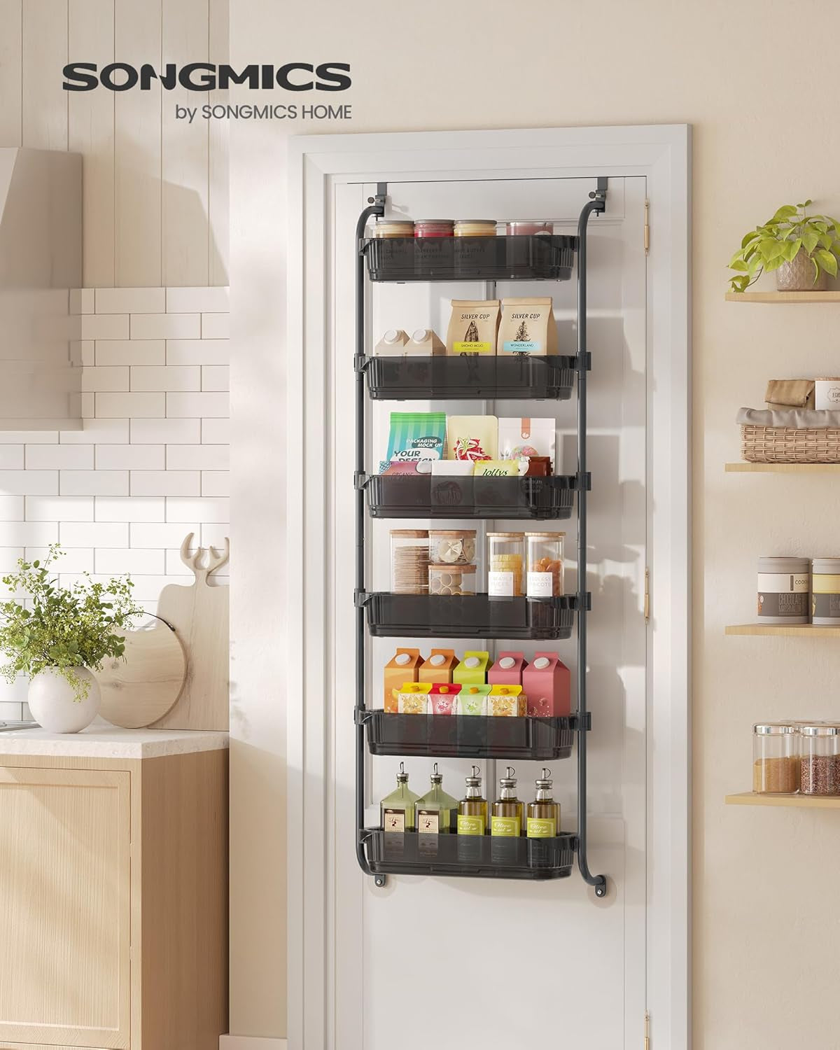 over the Door Pantry Organizer, 6-Tier Kitchen Pantry Door Organizer with Adjustable Tall Baskets, Hanging Spice Rack, for Bedroom Bathroom Laundry Room, Transparent Black UKCS046BH01